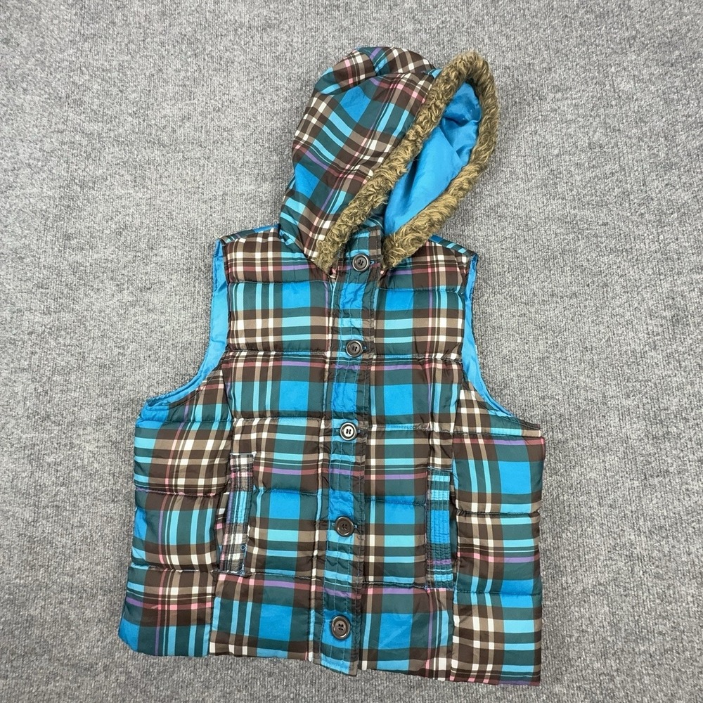 Arizona Jean Company Vest Kids XL Blue Plaid Hooded Puffer Faux Fur Winter